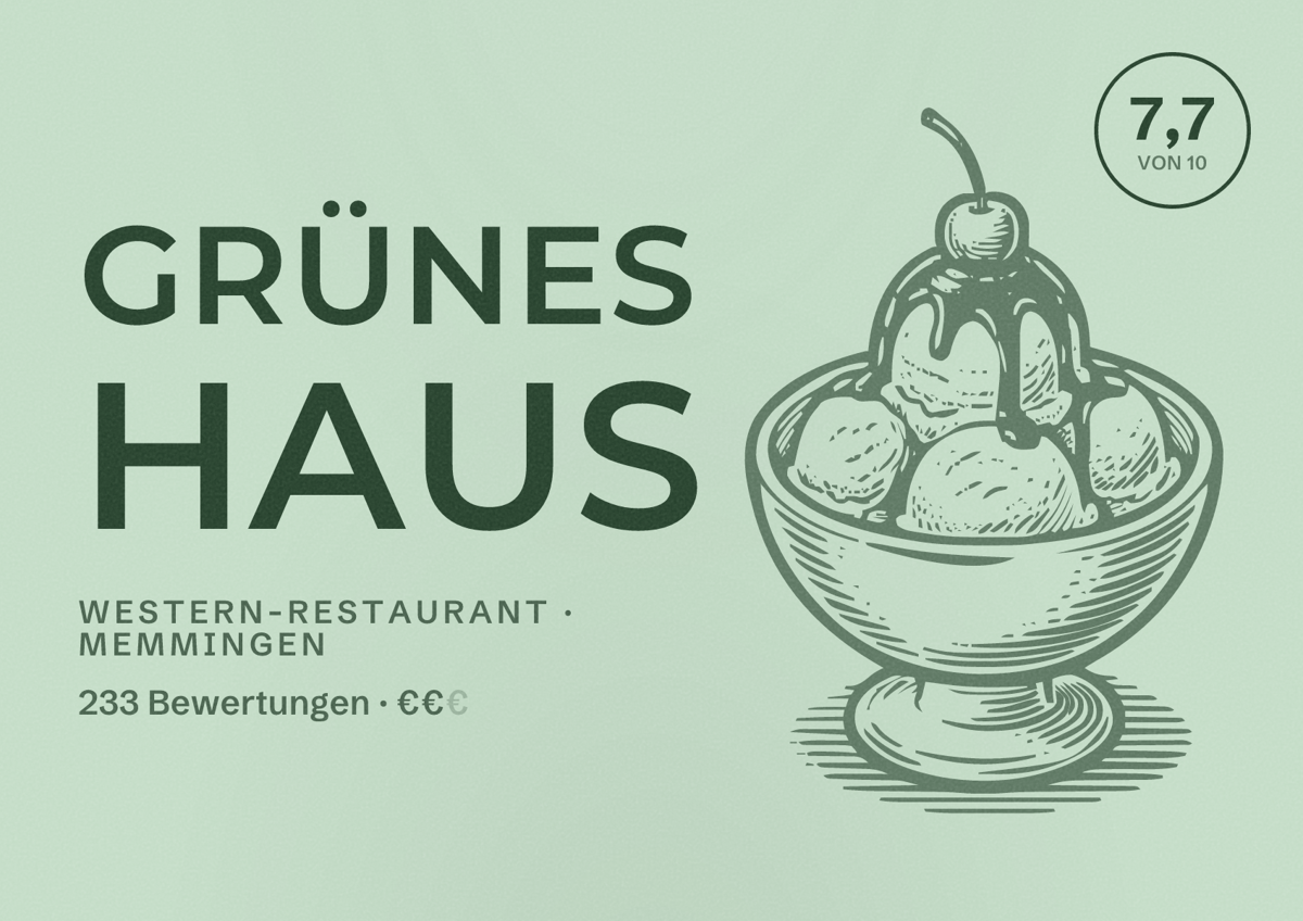 Illustriertes Poster von Grünes Haus, Western-Restaurant in Memmingen: Bewertung 7,7 von 10 aus 233 Bewertungen, Preisniveau €€