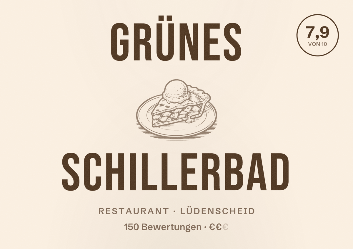 Illustriertes Poster von Grünes Schillerbad, Restaurant in Lüdenscheid: Bewertung 7,9 von 10 aus 150 Bewertungen, Preisniveau €€