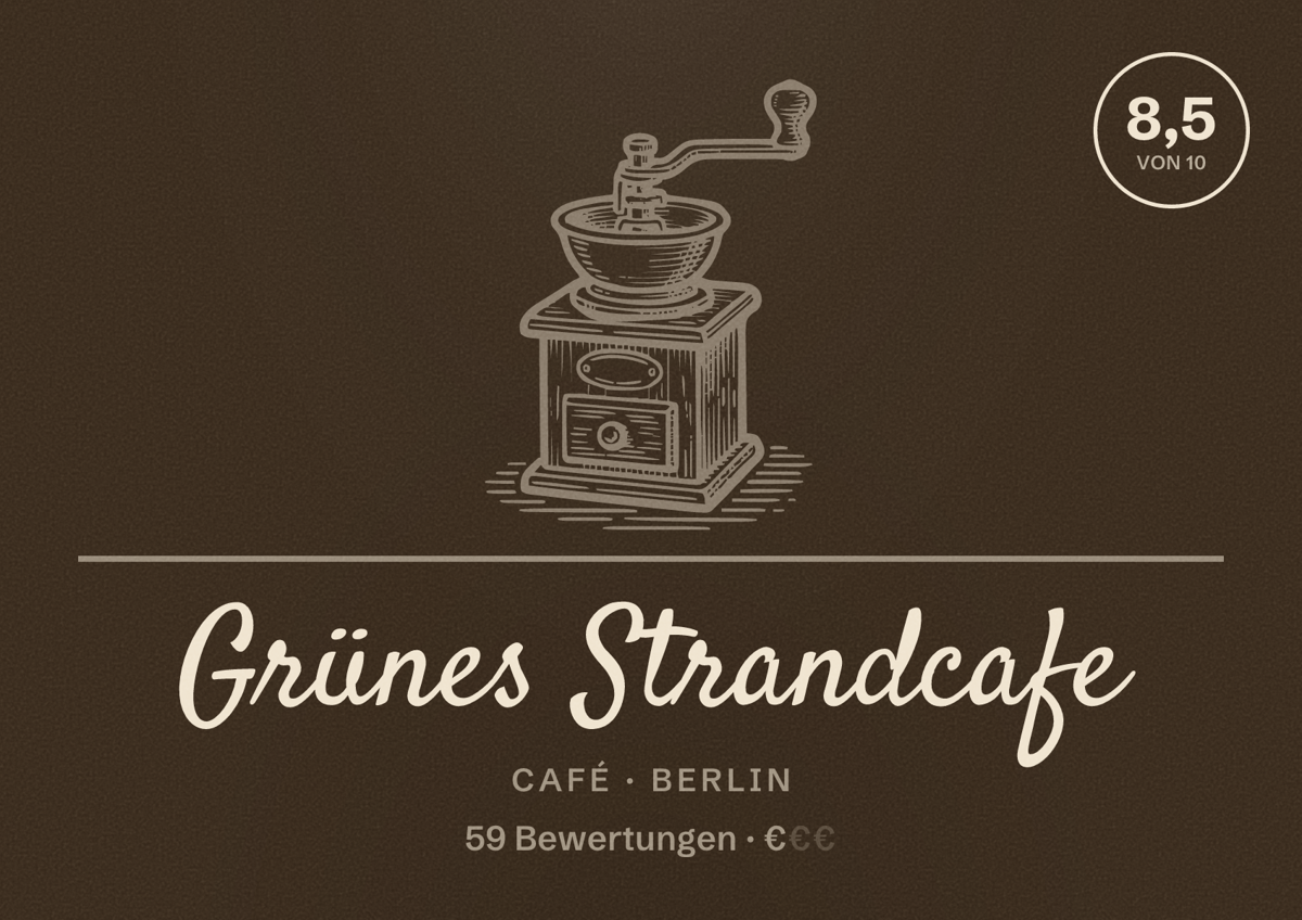 Illustriertes Poster von Grünes Strandcafe, Café in Berlin: Bewertung 8,5 von 10 aus 59 Bewertungen, Preisniveau €