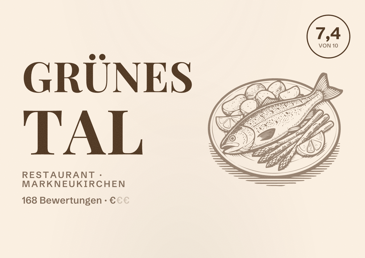 Illustriertes Poster von Grünes Tal, Restaurant in Markneukirchen: Bewertung 7,4 von 10 aus 168 Bewertungen, Preisniveau €