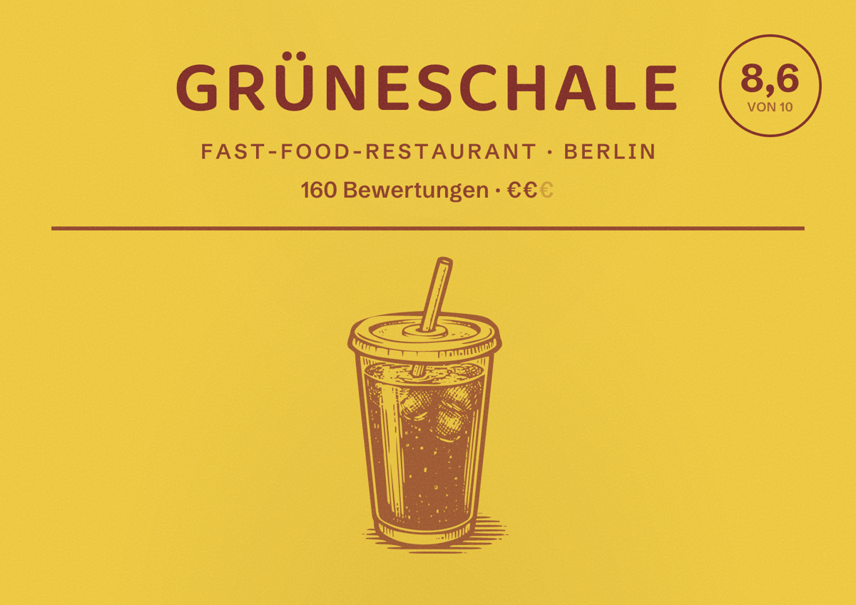Illustriertes Poster von Grüneschale, Fast-Food-Restaurant in Berlin: Bewertung 8,6 von 10 aus 160 Bewertungen, Preisniveau €€