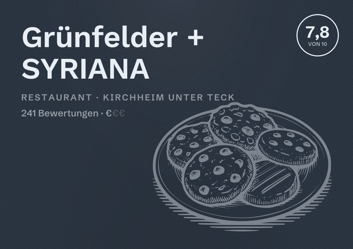 Illustriertes Poster von Grünfelder + SYRIANA, Restaurant in Kirchheim unter Teck: Bewertung 7,8 von 10 aus 241 Bewertungen, Preisniveau €