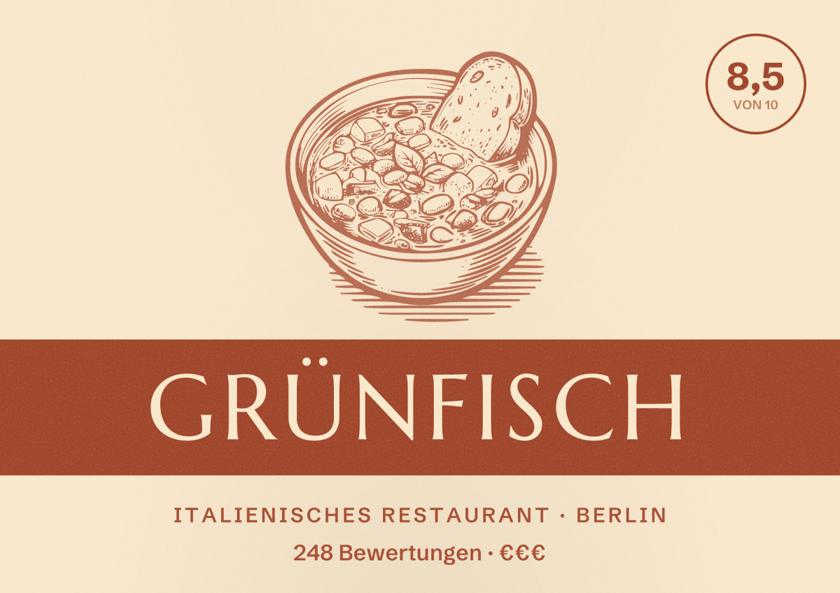 Illustriertes Poster von Grünfisch, Italienisches Restaurant in Berlin: Bewertung 8,5 von 10 aus 248 Bewertungen, Preisniveau €€€