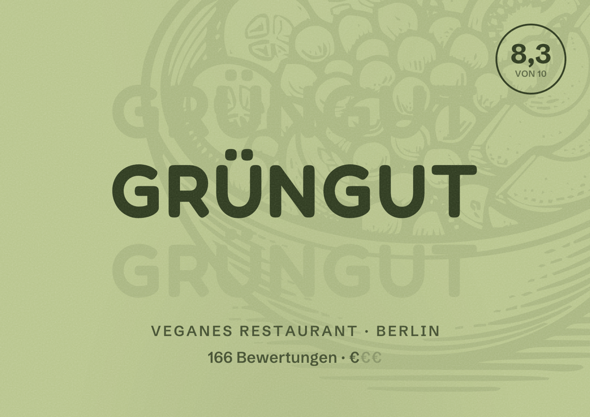 Illustriertes Poster von grüngut, Veganes Restaurant in Berlin: Bewertung 8,3 von 10 aus 166 Bewertungen, Preisniveau €