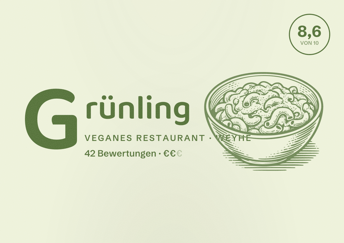 Illustriertes Poster von Grünling, Veganes Restaurant in Weyhe: Bewertung 8,6 von 10 aus 42 Bewertungen, Preisniveau €€