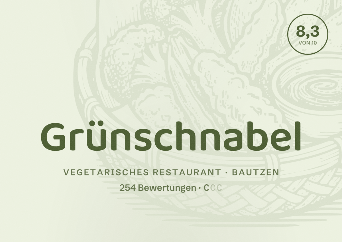 Illustriertes Poster von Grünschnabel, Vegetarisches Restaurant in Bautzen: Bewertung 8,3 von 10 aus 254 Bewertungen, Preisniveau €
