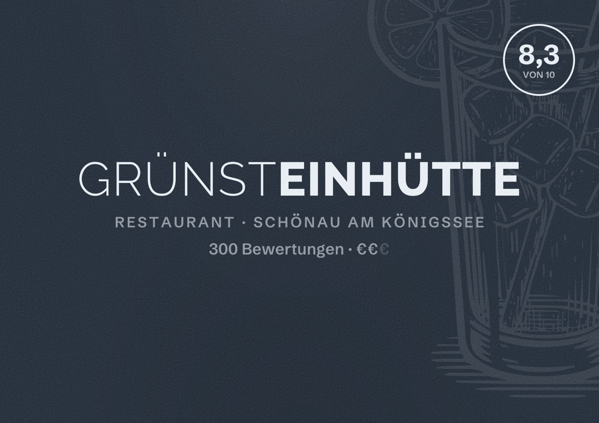 Illustriertes Poster von Grünsteinhütte, Restaurant in Schönau am Königssee: Bewertung 8,3 von 10 aus 300 Bewertungen, Preisniveau €€