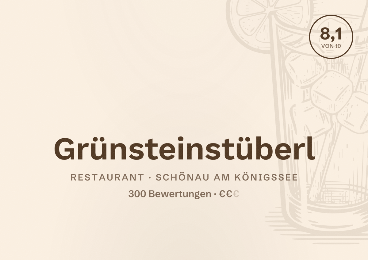 Illustriertes Poster von Grünsteinstüberl, Restaurant in Schönau am Königssee: Bewertung 8,1 von 10 aus 300 Bewertungen, Preisniveau €€