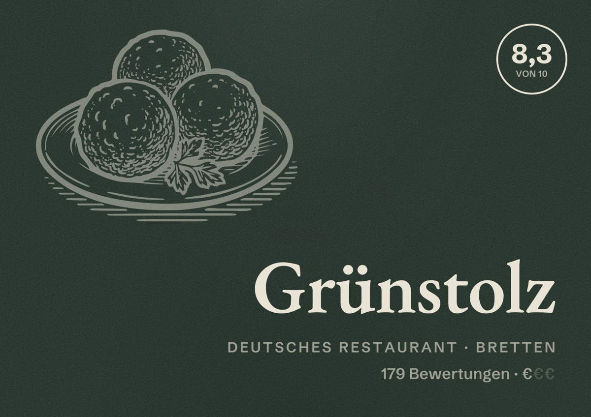 Illustriertes Poster von Grünstolz, Deutsches Restaurant in Bretten: Bewertung 8,3 von 10 aus 179 Bewertungen, Preisniveau €