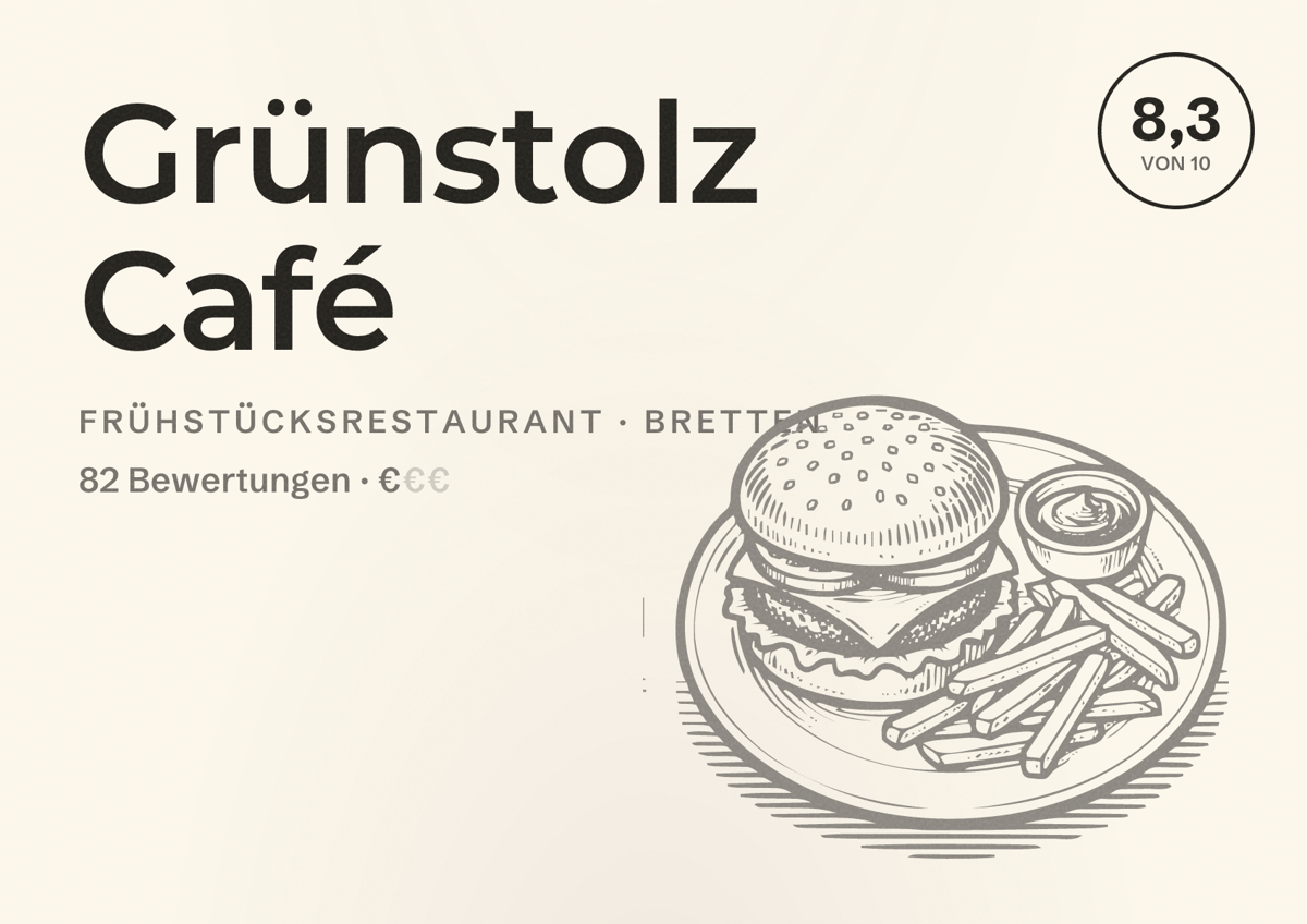 Illustriertes Poster von Grünstolz Café, Frühstücksrestaurant in Bretten: Bewertung 8,3 von 10 aus 82 Bewertungen, Preisniveau €