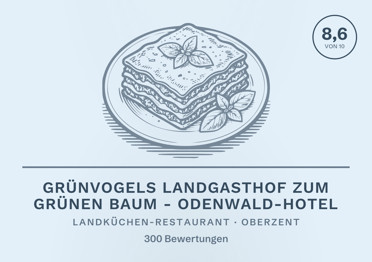 Illustriertes Poster von Grünvogels Landgasthof Zum Grünen Baum - Odenwald-Hotel, Landküchen-Restaurant in Oberzent: Bewertung 8,6 von 10 aus 300 Bewertungen