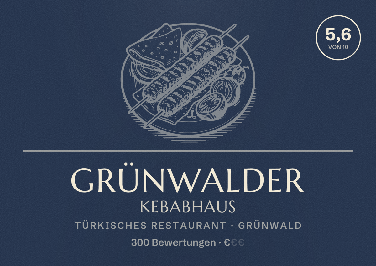 Illustriertes Poster von Grünwalder Kebabhaus, Türkisches Restaurant in Grünwald: Bewertung 5,6 von 10 aus 300 Bewertungen, Preisniveau €