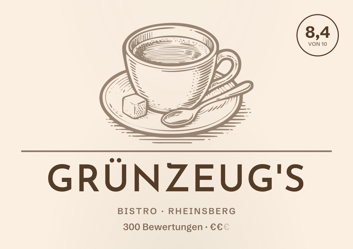 Illustriertes Poster von Grünzeug's, Bistro in Rheinsberg: Bewertung 8,4 von 10 aus 300 Bewertungen, Preisniveau €€