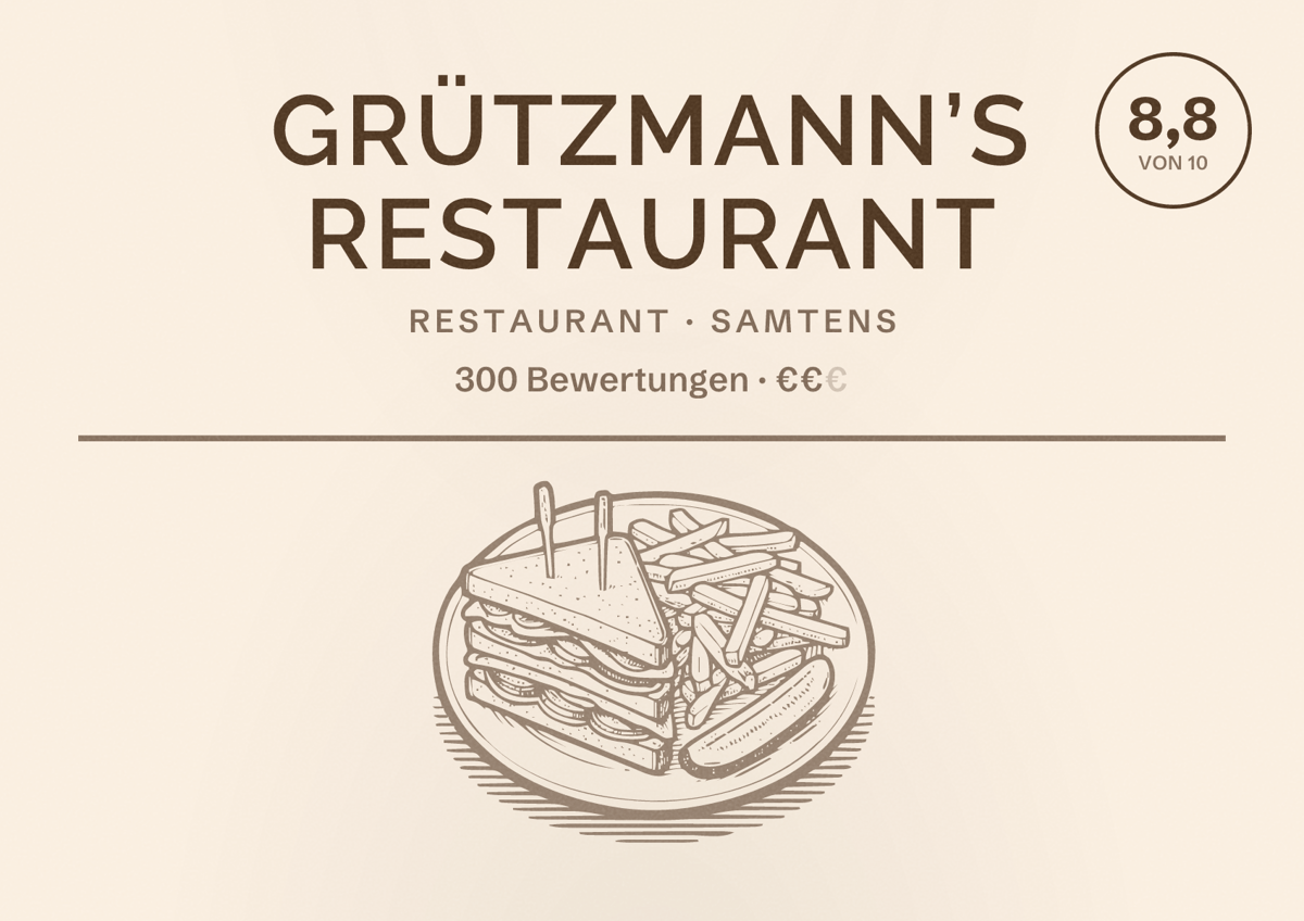 Illustriertes Poster von Grützmann’s Restaurant, Restaurant in Samtens: Bewertung 8,8 von 10 aus 300 Bewertungen, Preisniveau €€