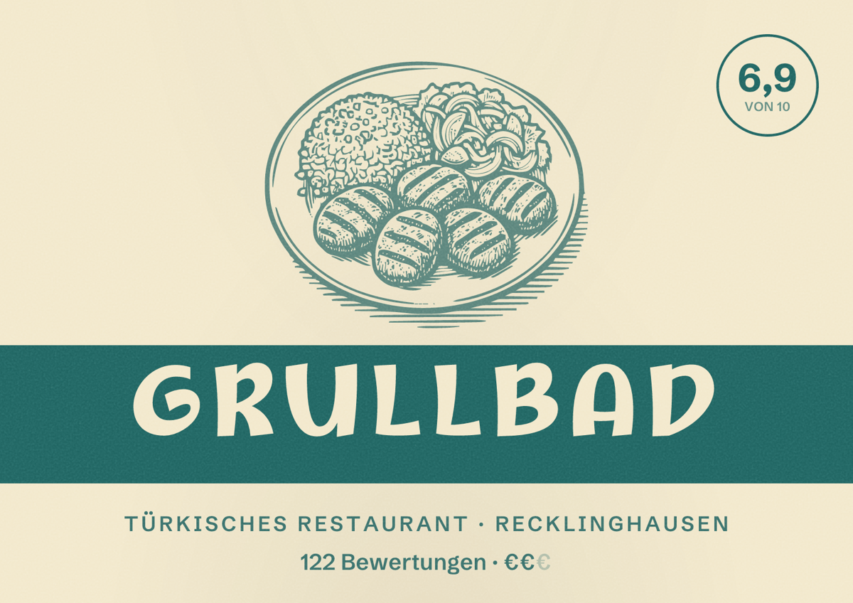 Illustriertes Poster von Grullbad, Türkisches Restaurant in Recklinghausen: Bewertung 6,9 von 10 aus 122 Bewertungen, Preisniveau €€