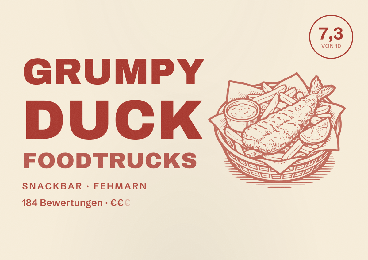 Illustriertes Poster von Grumpy Duck Foodtrucks, Snackbar in Fehmarn: Bewertung 7,3 von 10 aus 184 Bewertungen, Preisniveau €€