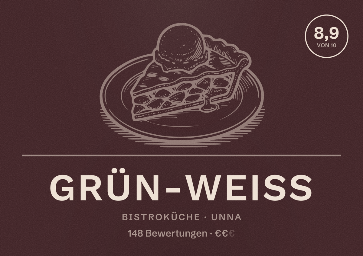 Illustriertes Poster von Grün-Weiß, Bistroküche in Unna: Bewertung 8,9 von 10 aus 148 Bewertungen, Preisniveau €€