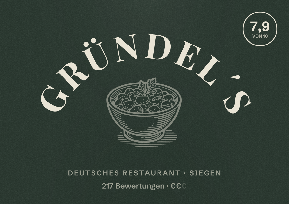 Illustriertes Poster von Gründel´s, Deutsches Restaurant in Siegen: Bewertung 7,9 von 10 aus 217 Bewertungen, Preisniveau €€