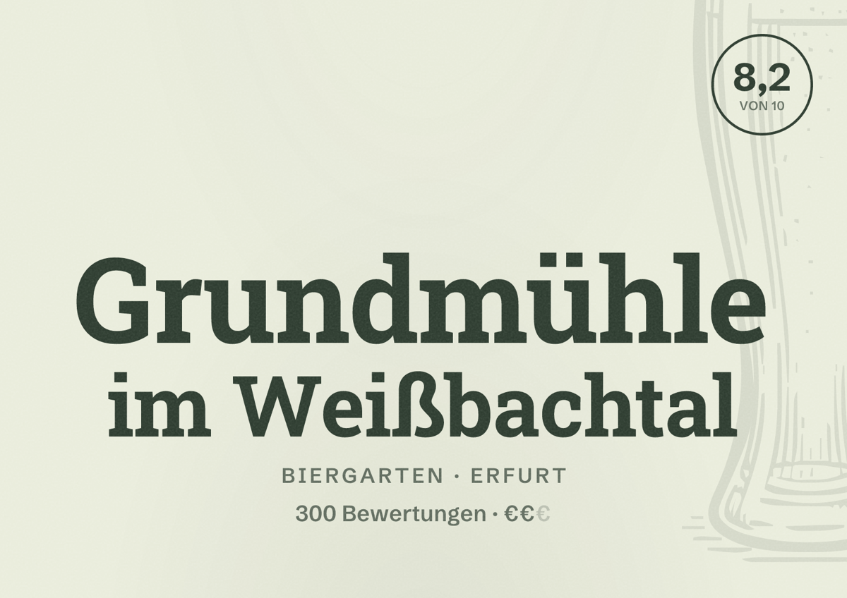 Illustriertes Poster von Grundmühle im Weißbachtal, Biergarten in Erfurt: Bewertung 8,2 von 10 aus 300 Bewertungen, Preisniveau €€