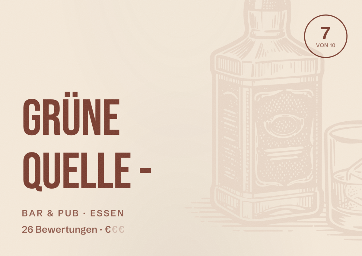 Illustriertes Poster von Grüne Quelle -, Bar & Pub in Essen: Bewertung 7 von 10 aus 26 Bewertungen, Preisniveau €