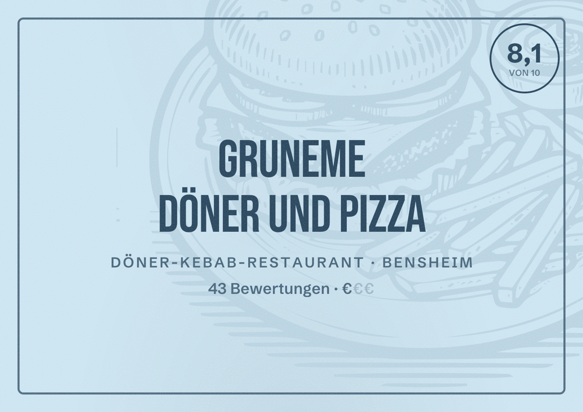Illustriertes Poster von Gruneme Döner und Pizza, Döner-Kebab-Restaurant in Bensheim: Bewertung 8,1 von 10 aus 43 Bewertungen, Preisniveau €