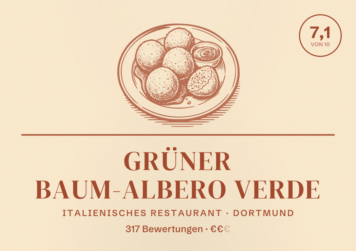 Illustriertes Poster von Grüner Baum-Albero Verde, Italienisches Restaurant in Dortmund: Gästebewertung 7,1 von 10 aus 317 Bewertungen