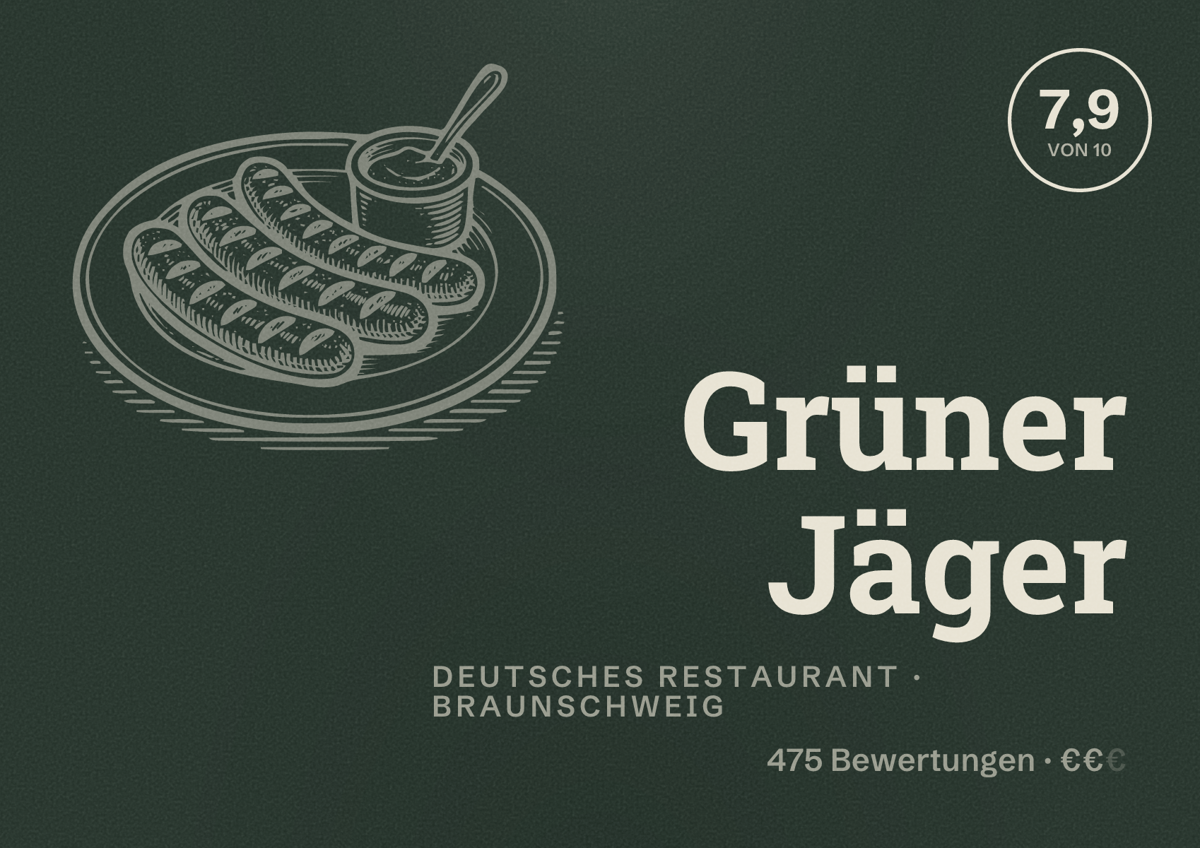 Illustriertes Poster von Grüner Jäger, Deutsches Restaurant in Braunschweig: Bewertung 7,9 von 10 aus 475 Bewertungen, Preisniveau €€