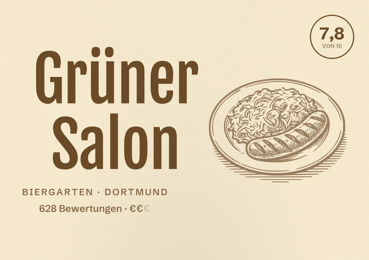 Illustriertes Poster von Grüner Salon, Biergarten in Dortmund: Bewertung 7,8 von 10 aus 628 Bewertungen, Preisniveau €€