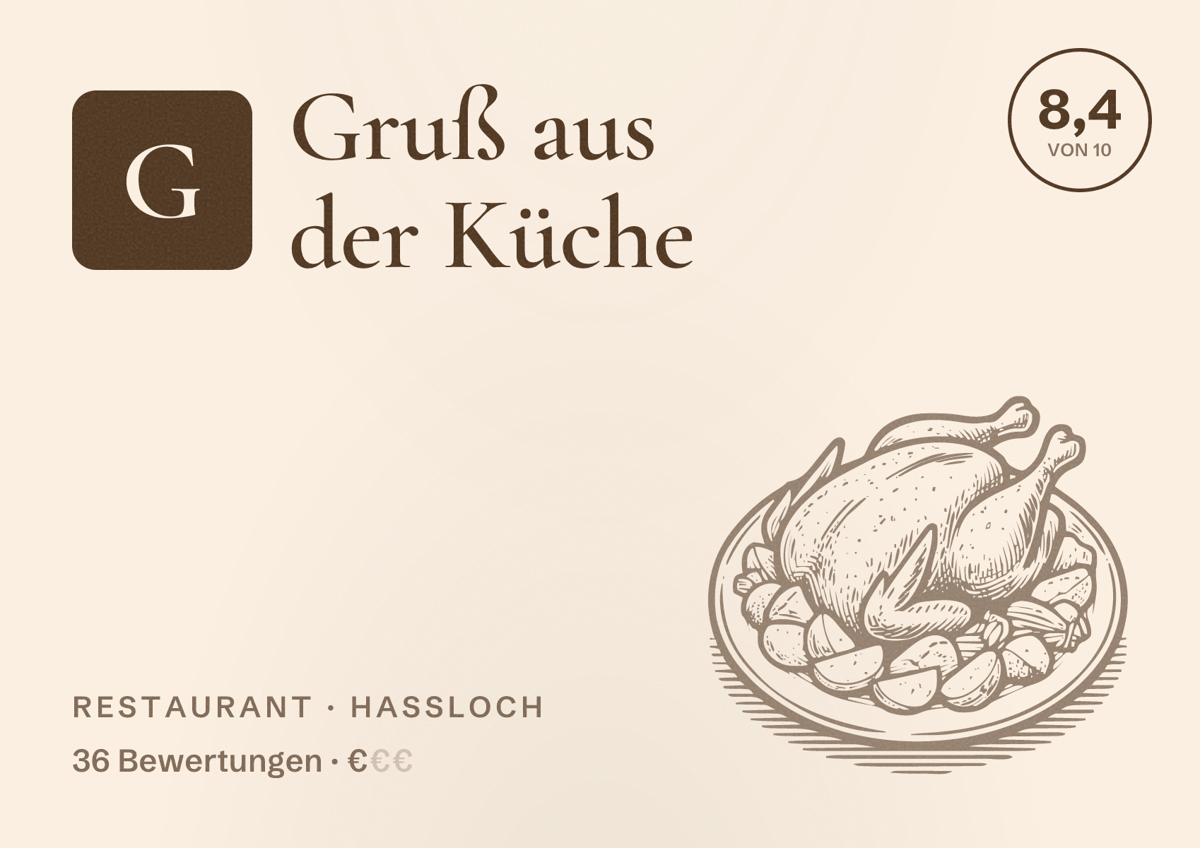 Illustriertes Poster von Gruß aus der Küche, Restaurant in Haßloch: Bewertung 8,4 von 10 aus 36 Bewertungen, Preisniveau €