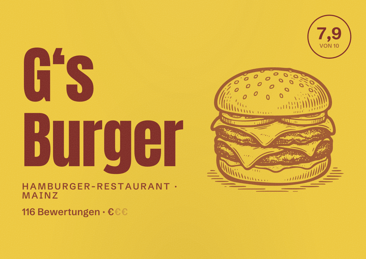 Illustriertes Poster von G‘s Burger, Hamburger-Restaurant in Mainz: Bewertung 7,9 von 10 aus 116 Bewertungen, Preisniveau €