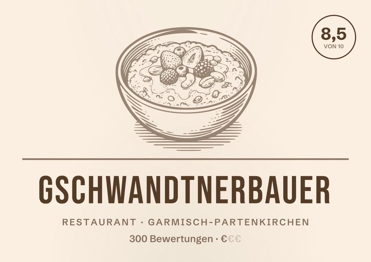 Illustriertes Poster von Gschwandtnerbauer, Restaurant in Garmisch-Partenkirchen: Bewertung 8,5 von 10 aus 300 Bewertungen, Preisniveau €