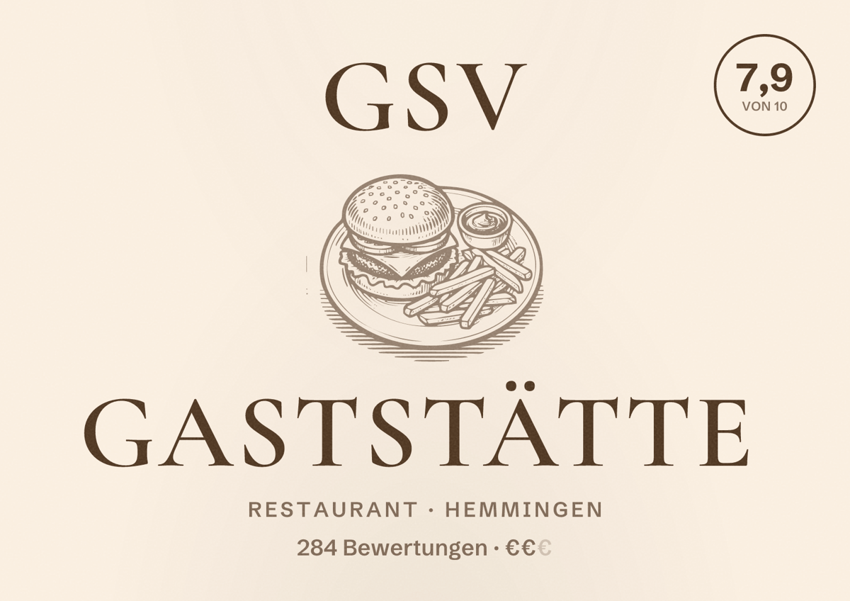 Illustriertes Poster von GSV Gaststätte, Restaurant in Hemmingen: Bewertung 7,9 von 10 aus 284 Bewertungen, Preisniveau €€