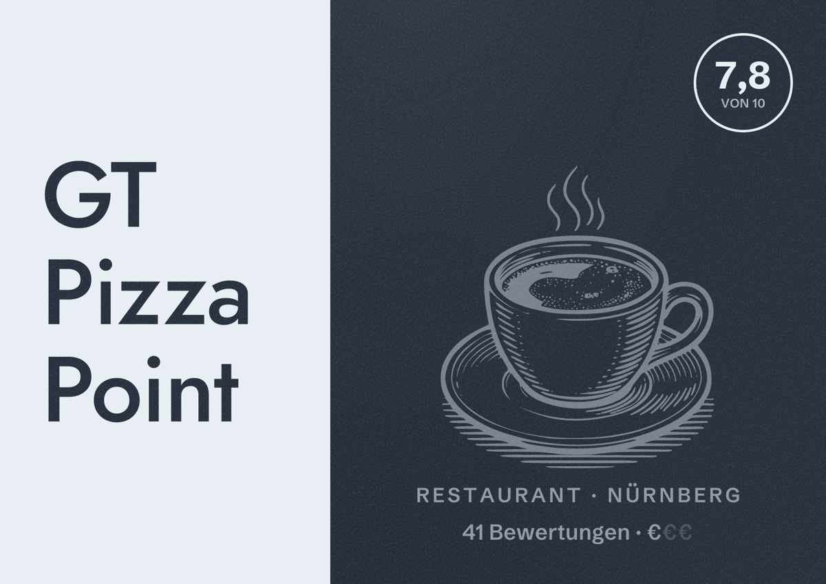 Illustriertes Poster von GT Pizza Point, Restaurant in Nürnberg: Bewertung 7,8 von 10 aus 41 Bewertungen, Preisniveau €