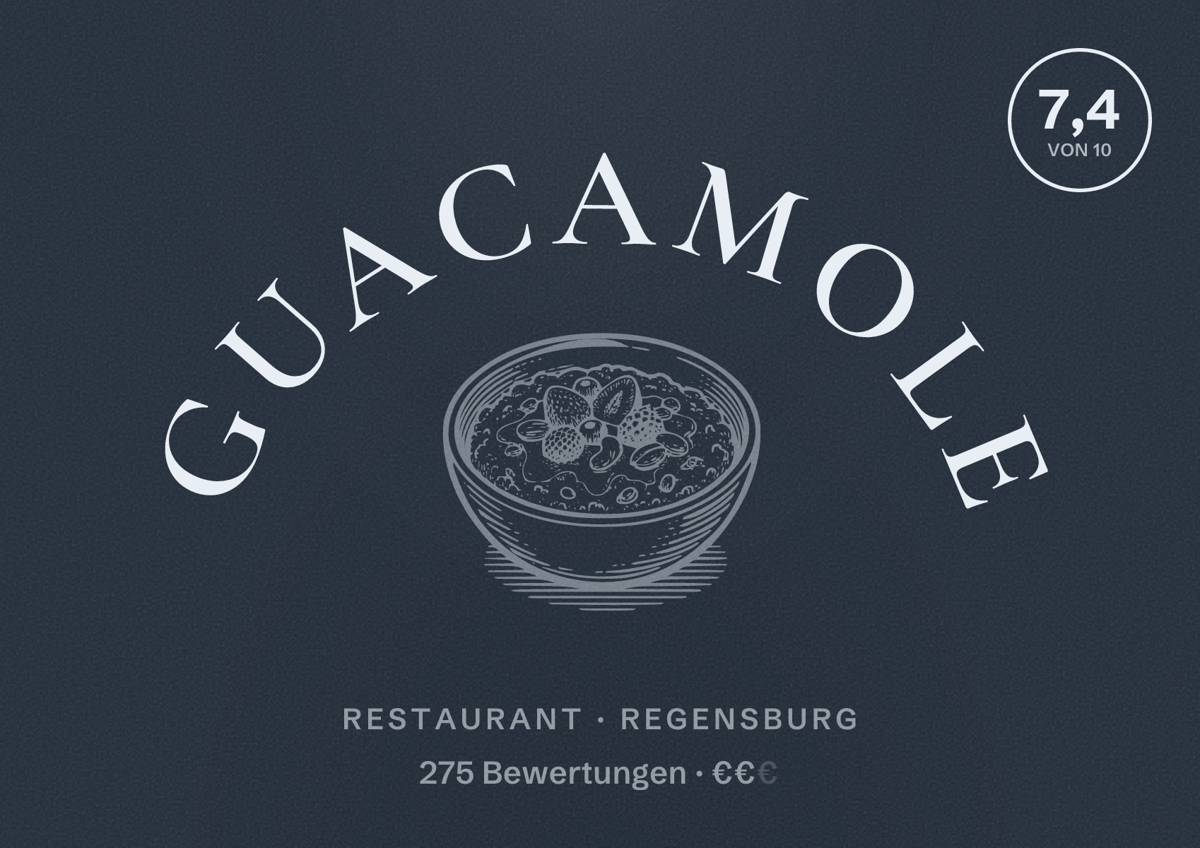 Illustriertes Poster von Guacamole, Restaurant in Regensburg: Bewertung 7,4 von 10 aus 275 Bewertungen, Preisniveau €€