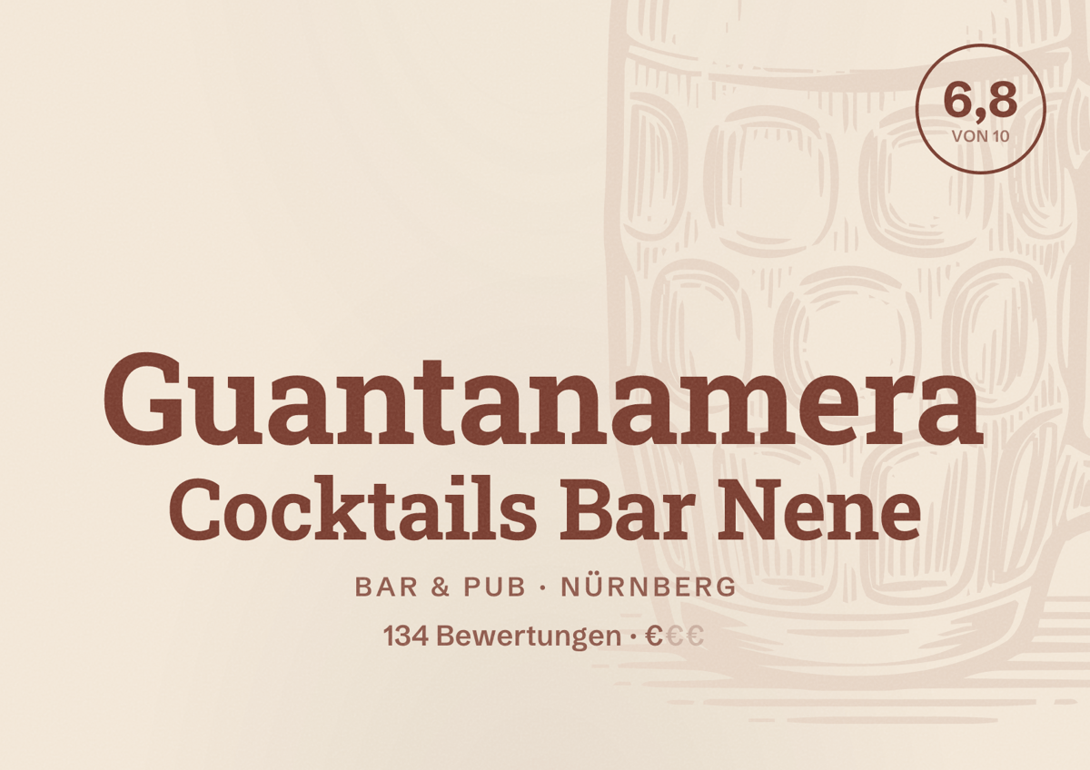 Illustriertes Poster von Guantanamera Cocktails Bar Nene, Bar & Pub in Nürnberg: Bewertung 6,8 von 10 aus 134 Bewertungen, Preisniveau €