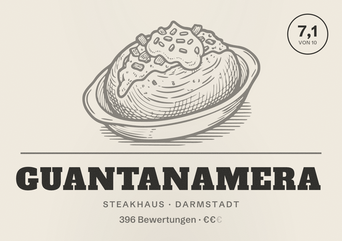 Illustriertes Poster von Guantanamera, Steakhaus in Darmstadt: Bewertung 7,1 von 10 aus 396 Bewertungen, Preisniveau €€