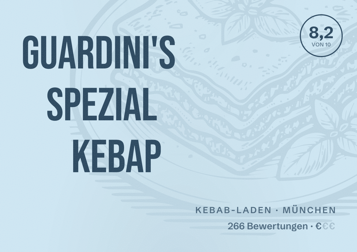 Illustriertes Poster von Guardini's Spezial Kebap, Kebab-Laden in München: Bewertung 8,2 von 10 aus 266 Bewertungen, Preisniveau €