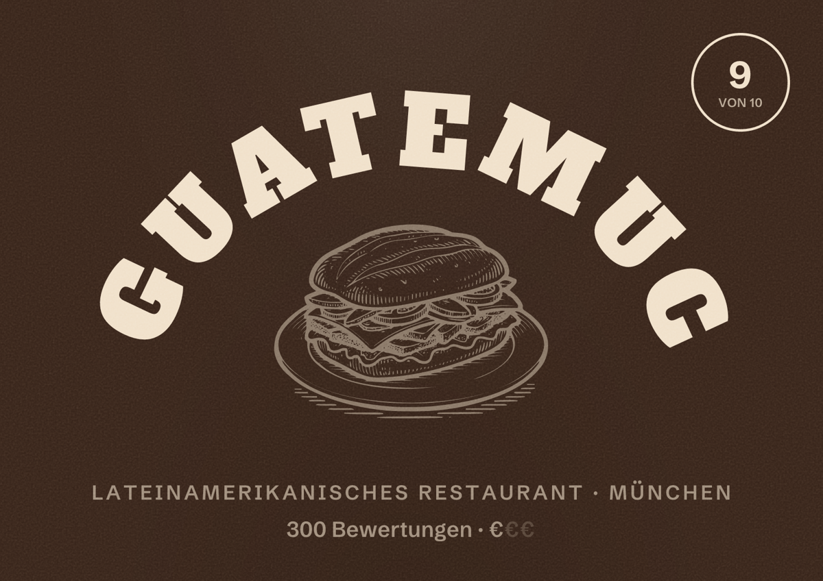 Illustriertes Poster von Guatemuc, Lateinamerikanisches Restaurant in München: Bewertung 9,0 von 10 aus 300 Bewertungen, Preisniveau €