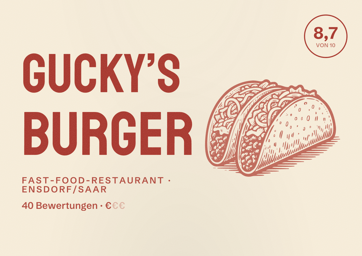 Illustriertes Poster von Gucky’s burger, Fast-Food-Restaurant in Ensdorf/Saar: Bewertung 8,7 von 10 aus 40 Bewertungen, Preisniveau €
