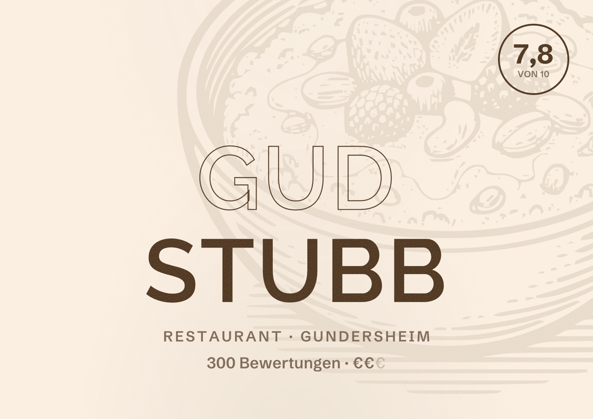 Illustriertes Poster von Gud Stubb, Restaurant in Gundersheim: Bewertung 7,8 von 10 aus 300 Bewertungen, Preisniveau €€