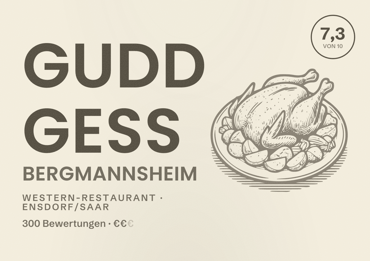 Illustriertes Poster von Gudd Gess Bergmannsheim, Western-Restaurant in Ensdorf/Saar: Bewertung 7,3 von 10 aus 300 Bewertungen, Preisniveau €€