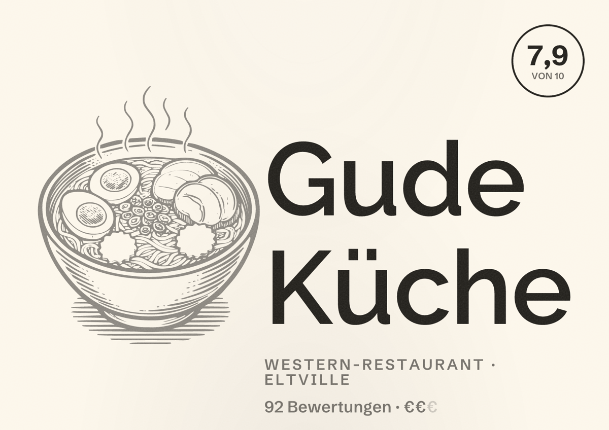 Illustriertes Poster von Gude Küche, Western-Restaurant in Eltville: Bewertung 7,9 von 10 aus 92 Bewertungen, Preisniveau €€