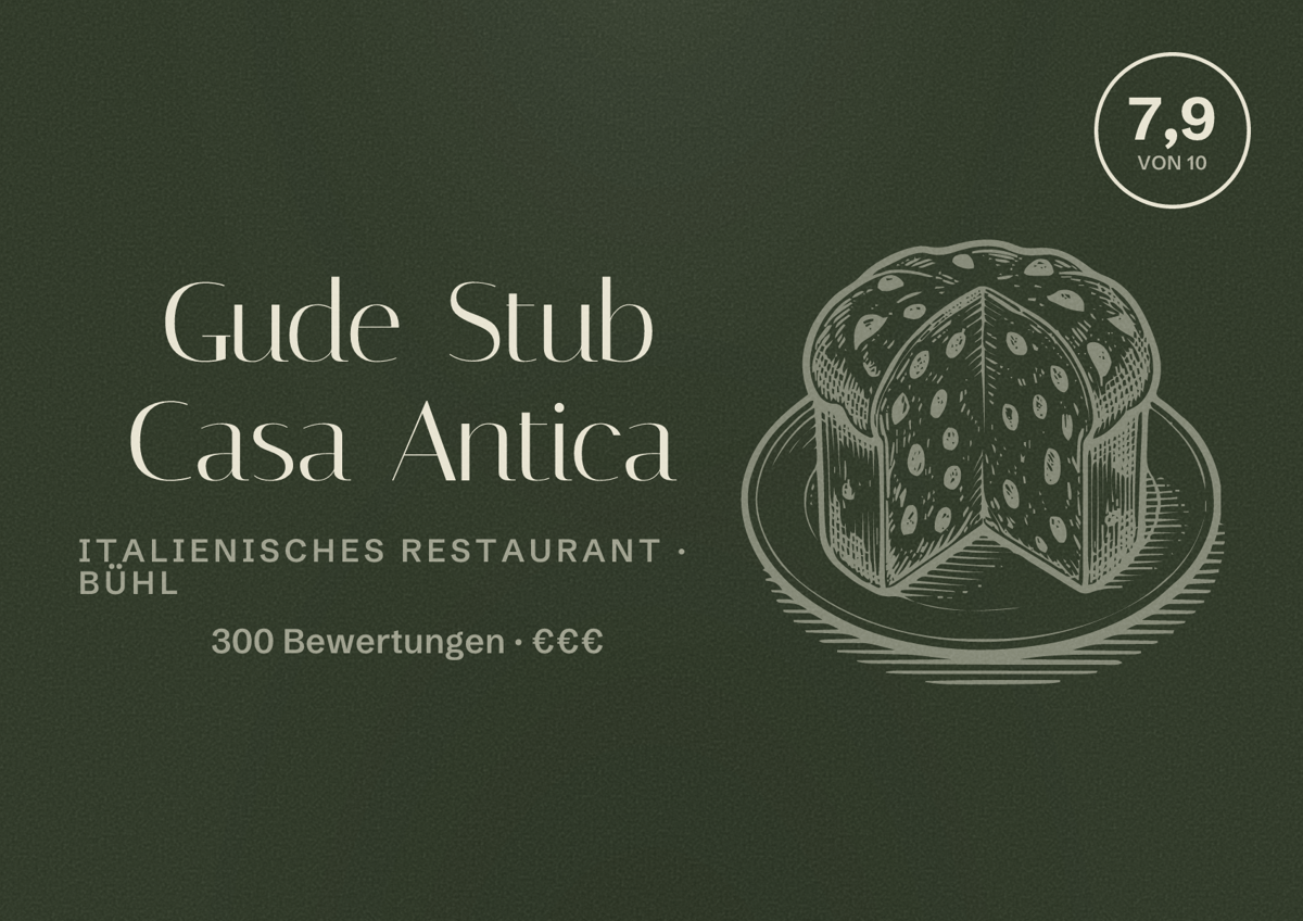 Illustriertes Poster von Gude Stub Casa Antica, Italienisches Restaurant in Bühl: Bewertung 7,9 von 10 aus 300 Bewertungen, Preisniveau €€€
