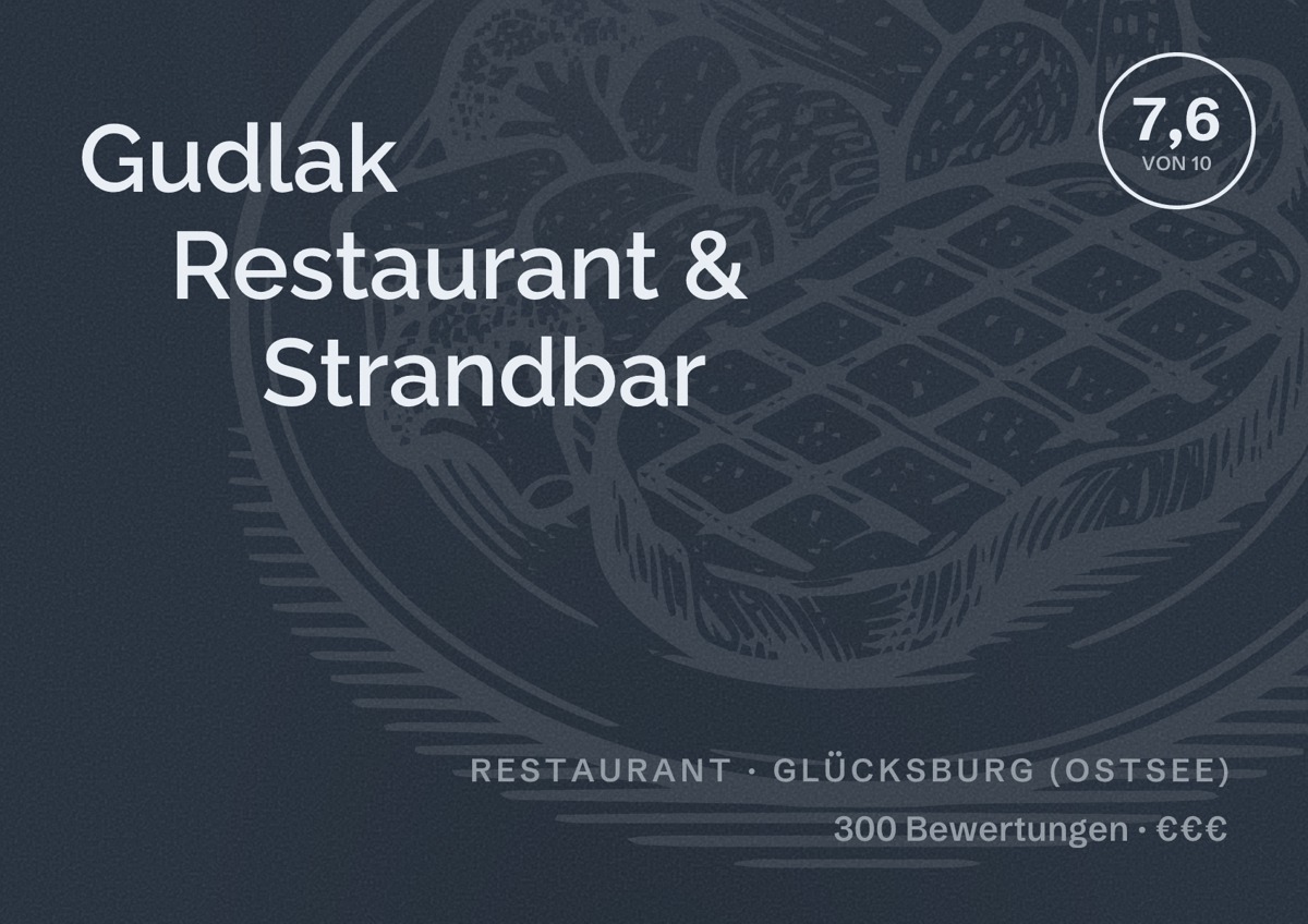 Illustriertes Poster von Gudlak Restaurant & Strandbar, Restaurant in Glücksburg (Ostsee): Bewertung 7,6 von 10 aus 300 Bewertungen, Preisniveau €€€