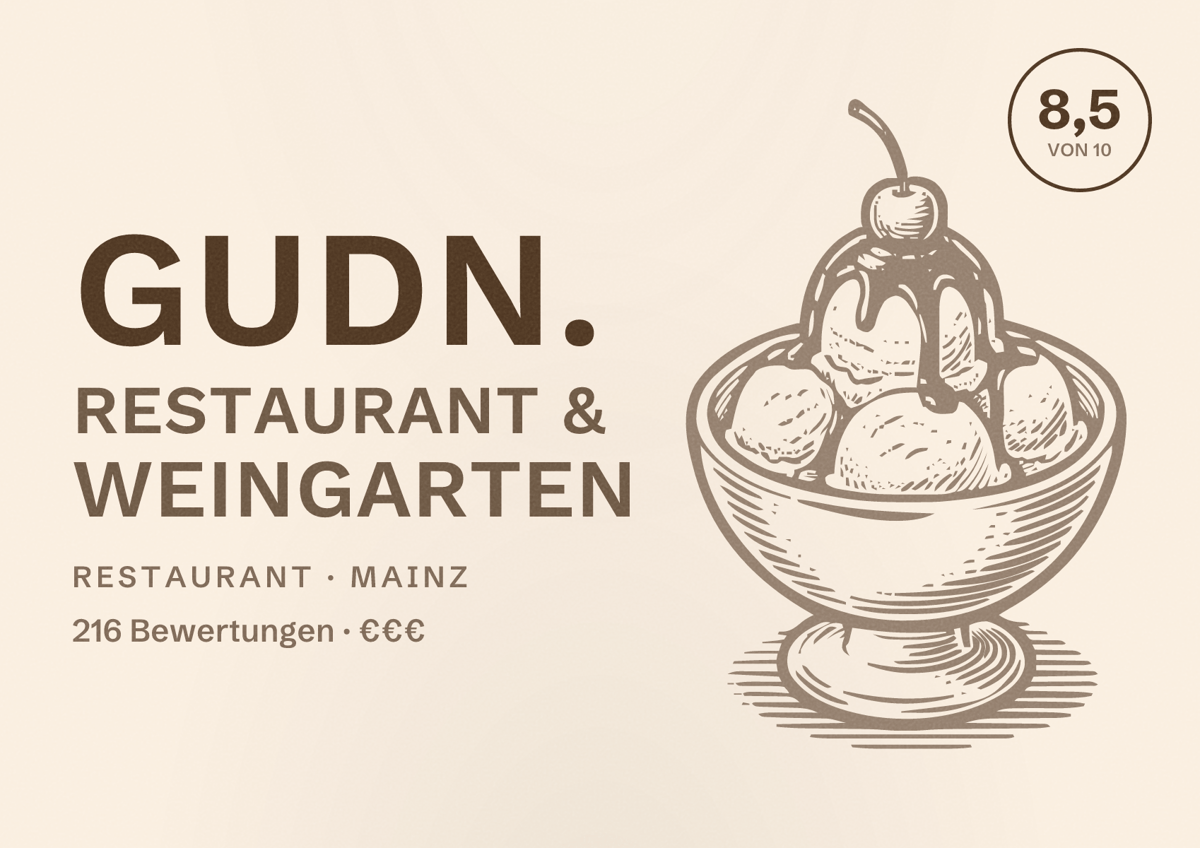 Illustriertes Poster von Gudn. Restaurant & Weingarten, Restaurant in Mainz: Bewertung 8,5 von 10 aus 216 Bewertungen, Preisniveau €€€