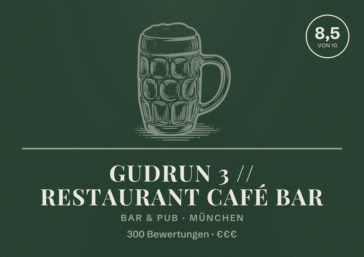 Illustriertes Poster von Gudrun 3 // Restaurant Café Bar, Bar & Pub in München: Bewertung 8,5 von 10 aus 300 Bewertungen, Preisniveau €€€