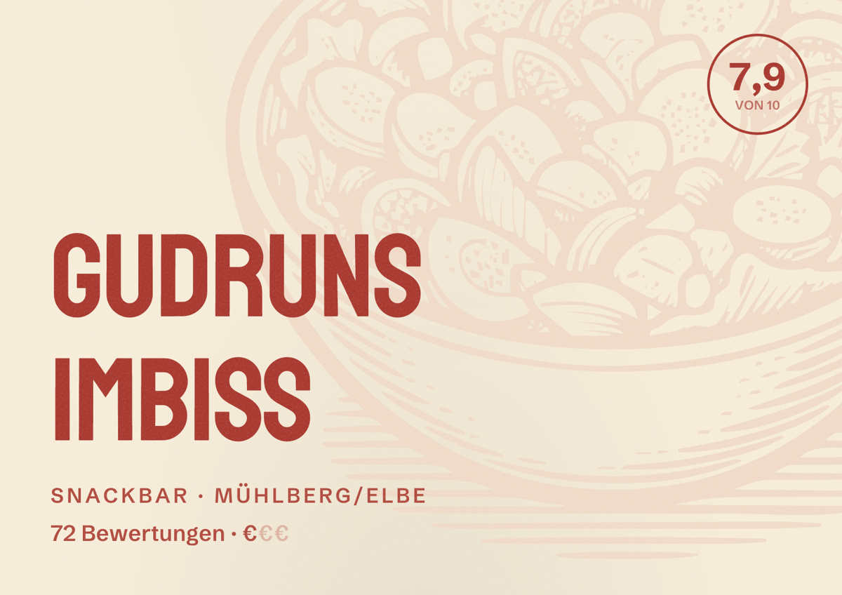 Illustriertes Poster von Gudruns Imbiss, Snackbar in Mühlberg/Elbe: Bewertung 7,9 von 10 aus 72 Bewertungen, Preisniveau €