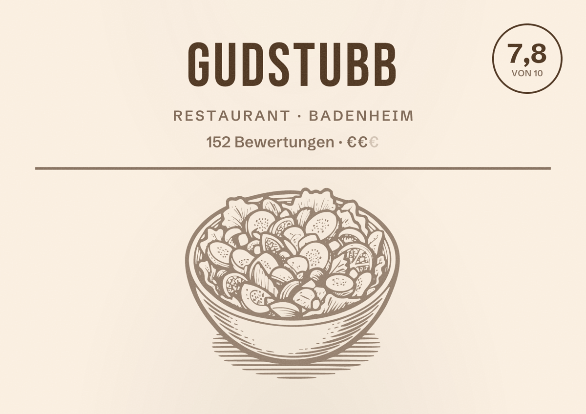 Illustriertes Poster von GudStubb, Restaurant in Badenheim: Bewertung 7,8 von 10 aus 152 Bewertungen, Preisniveau €€