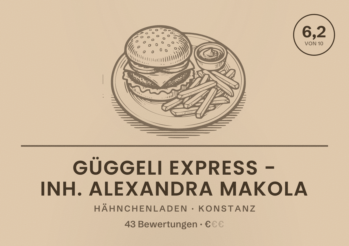 Illustriertes Poster von Güggeli Express - Inh. Alexandra Makola, Hähnchenladen in Konstanz: Bewertung 6,2 von 10 aus 43 Bewertungen, Preisniveau €