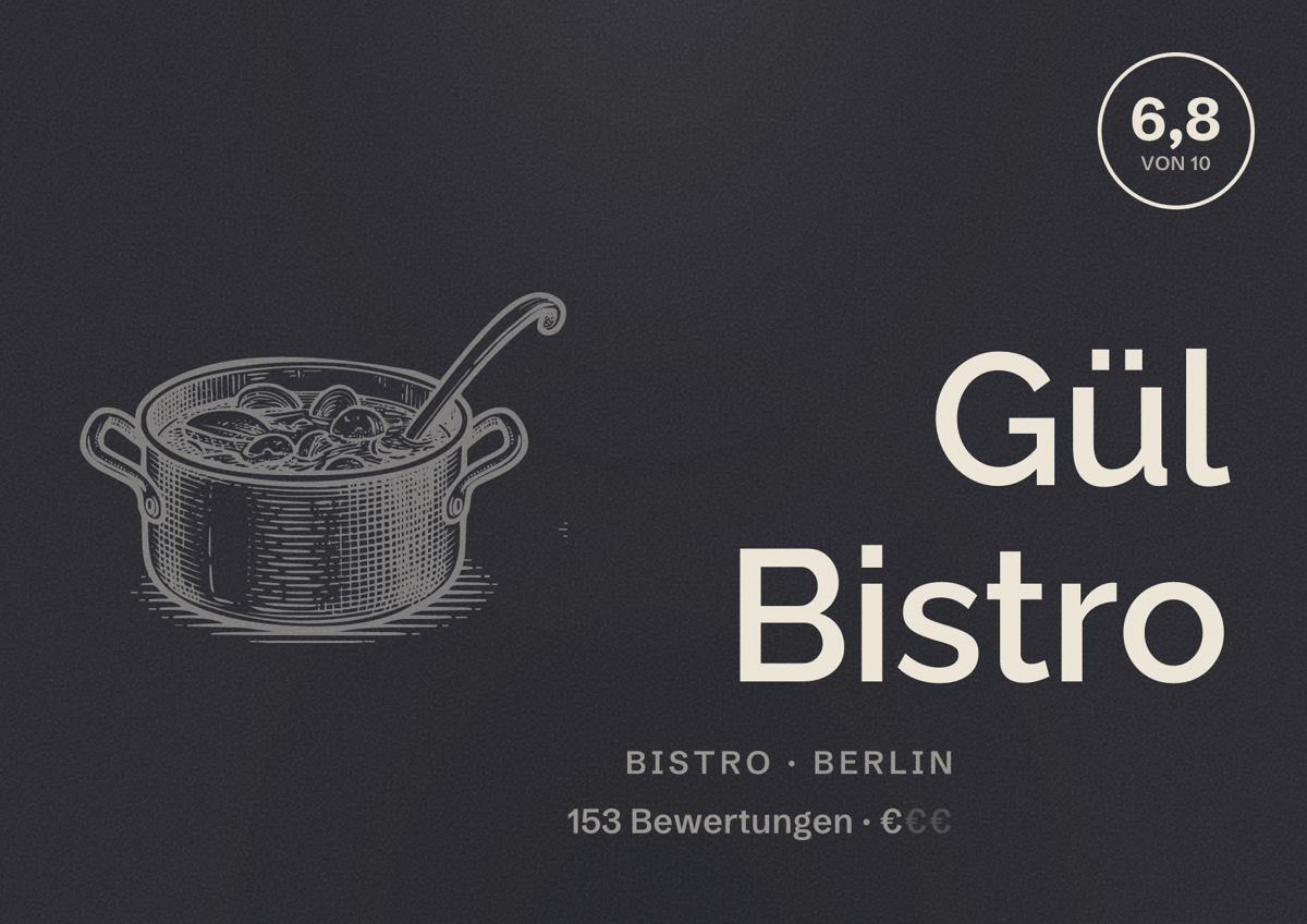 Illustriertes Poster von Gül Bistro, Bistro in Berlin: Bewertung 6,8 von 10 aus 153 Bewertungen, Preisniveau €